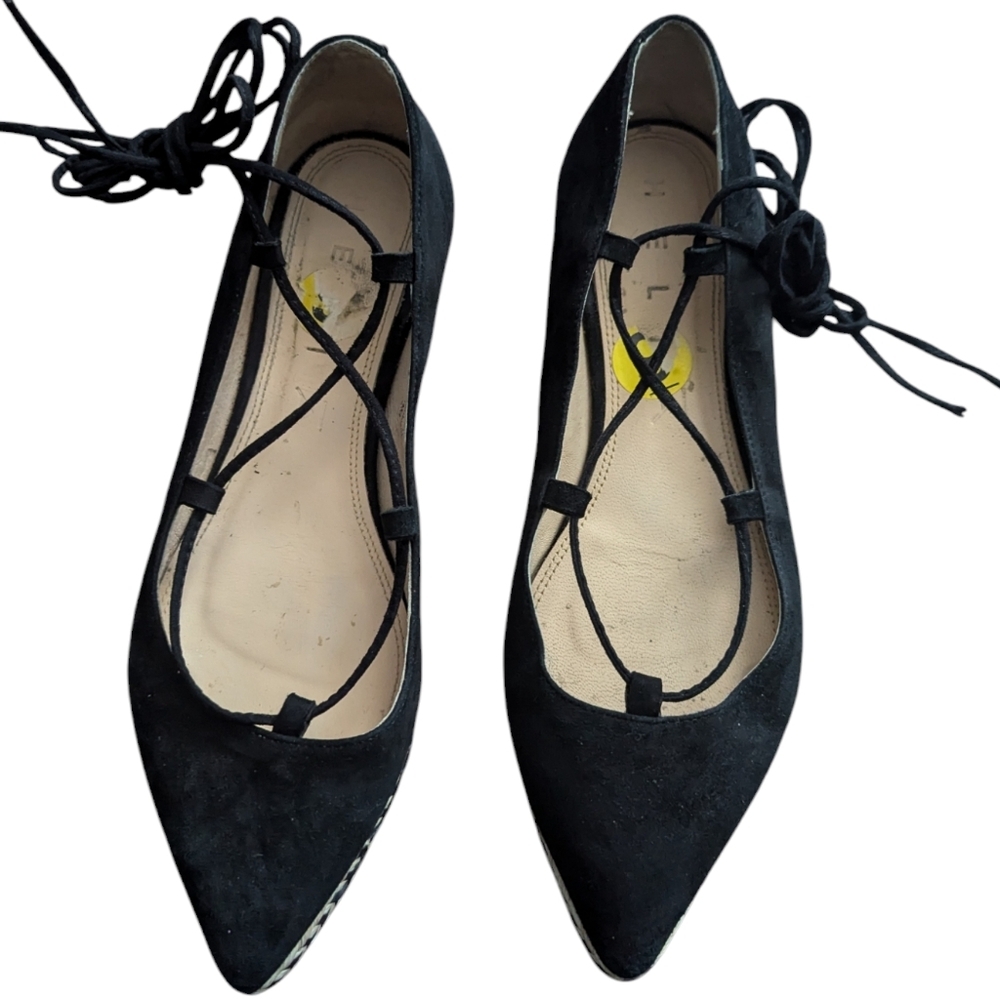 HELIA Made in Spain Pointy BLACK SUEDE Flat Strap SHOES Leather